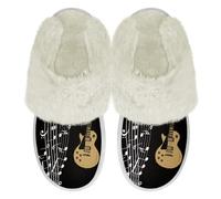 Binienty Beige Guitar Music Notes Women's Ultra-Cozy Fuzzy Slippers with Fur Edge, Memory Foam Plush Home Shoes for Men Ladies Slip on Slippers for Stair Safety & Cold Day Errands, Size 4.5-5.5