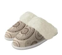 Binienty Beige Mandala Arch Support Fuzzy House Shoes Women Men Soft Comfort Plush Cuff for Remote Work Cabins & Winter Camping, Outing Essential, Size 6.5-7.5