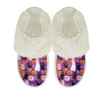 Binienty Black Cat Pumpkin Plush House Slippers for Women Halloween Fuzzy House Slippers with Fur Edges Breathable Casual Flat Slides, Size 6.5-7.5