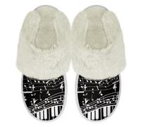 Binienty Black Music Notes Piano Pattern Fuzzy Slippers Women Men Non Slip Plush House Shoes Fashion Autumn Winter Slip on Plush Slippers with Fur Edges Casual Daily Wear, Size 5.5-6.5