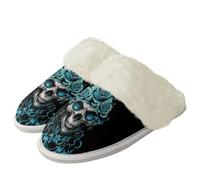 Binienty Blue Green Fire Skull Cozy Slippers for Women Indoor and Outdoor, Men's Plush Fleece Slippers with Memory Foam Casual Slip on Fuzzy Shoes for Winter Keep Warm, Size 4.5-5.5