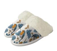 Binienty Blue Leaf Bird Women's Fuzzy Scuff Slippers Memory Foam Non-slip House Shoes for Ladies Girls Soft Comfy Plush Bedroom Slippers Slides, Size 2.5-3.5