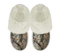 Binienty Brown Camo Hunting Tree Plush Fuzzy Slippers Women Indoor Outdoor Mens Memory Foam Comfort House Shoes Slip on Slide Slippers for Tree Trimming & Fireplace Cuddling, Size 6.5-7.5