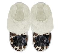 Binienty Brown Cow Print Pug House Slipper Women's Men's Winter Fuzzy Slipper with Fur Edges and Flannel Lining Retro Memory Foam Plush Indoor Outdoor Footwear, Size 6.5-7.5