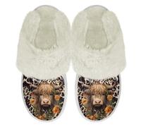 Binienty Brown Leopard Patterned Yak Slippers for Women Plush House Shoes Cozy Winter Warm Fuzzy Slide Slippers for Indoor Outdoor Hotel Home Bedroom, Size 2.5-3.5