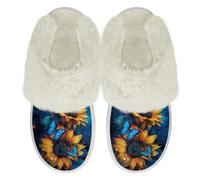 Binienty Butterfly Sunflower Fuzzy Slippers Women Memory Foam Soft Plush Retro Slip-on House Shoes Outdoor Indoor Warm Couple Bedroom Shoe, Size 6.5-7.5
