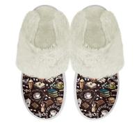 Binienty Coffee Book Pattern Cozy Slippers for Women Indoor And Outdoor Fuzzy Autumn Winter Fluffy Plush Warm Slip-on Indoor House Shoes, Size 6.5-7.5