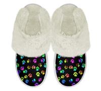 Binienty Colorful Dog Paw Prints Women's Fuzzy Slip-on Slippers Warm Cozy Memory Foam Indoor House Shoes with Arch Support Anti Skid for Bedoorm Living Room, Size 7.5-8.5