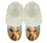 Binienty Cute Highland Cow Printed Fuzzy House Shoes with Memory Foam Womens Mens Retro Fuzzy Slippers Breathable Winter Warm Slip on Slippers, Size 2.5-3.5