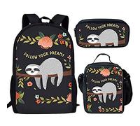 Binienty Cute Sloth Print Kids Fashion Schoolbag Set 3 in 1, Shoulder Bookbag, Lunch Box, Pencil Case, Follow Your Dreams Print