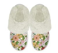 Binienty Daisy Floral All-Season Fuzzy Slippers Women Vintage Breathable Plush House Shoes Slip on Winter Warm Slide Slippers for AC Offices & Autumn Backyard BBQs, Size 7.5-8.5