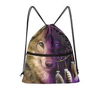 Binienty Dream Catcher Wolf Drawstring Bag with Zipper Pocket Sports Gym String Backpack Sackpack for School Yoga Sport Gym Traveling