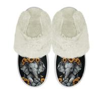 Binienty Elephant Sunflower Prin Warmth Plush Fuzzy Slippers for Women Indoor Soft Warm Slip on Slide Shoes for Daily Wear Cozy Indoor Outdoor Slippers, Size 6.5-7.5