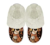 Binienty Fall Cat Animal Print Slippers Women Indoor Vintage Cozy Plush Fuzzy Slippers with Flannel Lining & Fur Edge Keep Warming in Cold Winter, Size 2.5-3.5