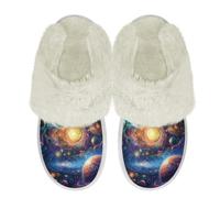 Binienty Galaxy Planet Women Fuzzy Slippers Slip On House Shoes for Men Ladies Casual Winter Warm Plush Slippers with Non Slip Sole, Size 2.5-3.5