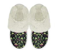 Binienty Green Mushroom Skull Slip on House Slippers for Women Men Wide Width Comfy Breathable Plush Fleece Slippers for Making Dinner, Walking Dog, Garden, Size 6.5-7.5