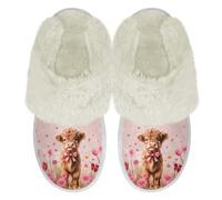 Binienty Highland Cattle Women's Plush Fuzzy Slip on Indoor Outdoor Pink Daisy Winter House Slippers Non-Slip Memory Foam Sole for Hotel Spa Office
