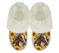 Binienty Horse Daisy Print Slippers for Women Memory Foam, Men's Lightweight Comfy Fuzzy House Shoes Indoor Outdoor, Machine Washable, Size 5.5-6.5