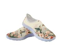 Binienty Hummingbird Slip-on Sneakers for Women,Flower Floral Print Mesh Breathable Summer Trainers Walking Shoes