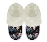 Binienty Jellyfish Planet House Slippers for Women Keep Warm Soft Plush Slides Memory Foam Anti Skid Fuzzy Slippers for Living Room Bedroom, Size 2.5-3.5