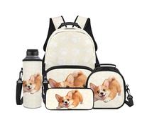Binienty Kids Backpack Set 4Pcs Corgi Print Book Bag with Lunch Box Pencil Case Water Bottle Sleeve Elementary School Daypack Back to School Season Supplies