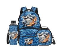 Binienty Kids Boys Backpack Set 4Pcs Shark Print Book Bag with Lunch Box Pencil Case Water Bottle Sleeve Elementary School Daypack Back to School Season Supplies