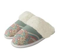Binienty Light Green Hippy Flower Plush Slippers for Women Men Indoor Warm House Shoes Comfy Fluffy Slippers for Daily Wear, Size 6.5-7.5