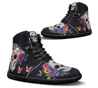 Binienty Men's Black Sugar Skull Shoes High Top Barefoot Hiking Boots Butterfly Floral Sports Sneakers for Men Size 6 High Top Men Sneaker Aesthetic Skeleton Shoe for Hiking,Fishing,Beach