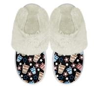 Binienty Milk Tea Print Slippers for Women Plush House Shoes Comfy Breathable Fuzzy Fluffy Slippers with Arch Suppory for Traveling, RV Camping, Size 6.5-7.5
