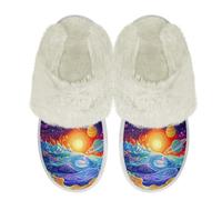 Binienty Milky Way Planet Comfy House Slippers for Women Plush Fluffy Furry Wide Toe Flats Slip on Indoor Outdoor Slippers for Home Kitchen Bedroom, Size 2.5-3.5