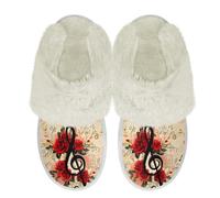 Binienty Music Notes Rose Print Fuzzy House Slippers for Men Women Wide Width Soft Plush Slippers Home Indoor Fuzzy Slides with Fur Edges for Winter Fall Spring, Size 2.5-3.5
