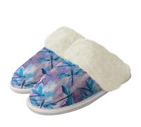 Binienty Oil Painting Dragonfly Wide Base Fuzzy Slippers Men Women Fall Winter Warm Plush House Slippers with Memory Foam Anti Skid Design, Size 7.5-8.5