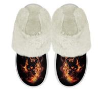 Binienty Orange Fire Wolf Slippers for Men, Womens Cozy Fuzzy Plush Winter Home Slippers Lightweight Bedroom Shoes for Rooms Hotel RV, Size 6.5-7.5