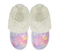 Binienty Pink Planet House Slippers for Women Keep Warm Soft Plush Slides Memory Foam Anti Skid Fuzzy Slippers for Living Room Bedroom, Size 2.5-3.5