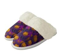 Binienty Pumpkin Bat Print Fuzzy Slippers Women Plush Non-Slip House Slippers with Fur Edges, Novelty Warm Winter Home Slippers for Fall Festivals, Size 6.5-7.5