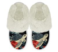 Binienty Red Floral Sea Turtle Women's Memory Foam House Bedroom Slippers Cozy Soft Slip on Fuzzy Slide Slippers with Anti-Slip Rubber Sole for Winter Fall Spring, Size 6.5-7.5