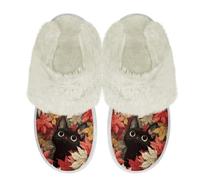 Binienty Red Maple Black Cat Print Slippers Women Indoor Vintage Cozy Plush Fuzzy Slippers with Flannel Lining & Fur Edge Keep Warming in Cold Winter, Size 6.5-7.5
