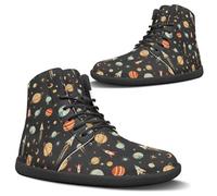 Binienty Rocket Planet Print Mens Womens Winter Snow Boots Waterproof High Top PU Leather Wide Toe Box Barefoot Shoes Non Slip Flats for Outdoor Activities, US 14