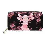 Binienty Sakura Axolotl Slim Leather Wallet Pink,Womens Girls Zipper Card Holder Clutch Ladies Purse