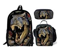 Binienty School Backpack Set 3 in 1 for Kid Boys Girls, T-rex Dinosaur Print, School Bookbag, Lunch Bag, Pencil Case