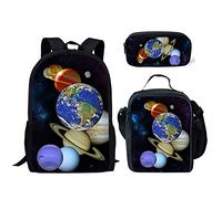 Binienty School Bag 3 in 1, Lightweight Shoulder Backpack+ Pencial Case+ Lunch Bag, Solar System Planets Print