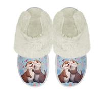 Binienty Sea Shell Otter Print Cozy House Slippers for Women with Memory Foam Girls Winter Soft Warm Fuzzy Slippers Slip on Flat Slide Shoe for Indoor, Size 4.5-5.5