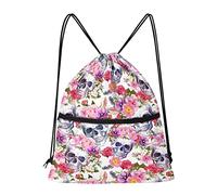 Binienty Skull with Floral Print Drawstring Bags String Swim PE Bag for Men & Women with Outside Zipper for Sports School Beach Holidays