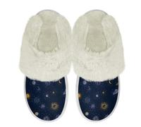 Binienty Sun Moon Planet Slippers for Women Men Non-Slip Soft Plush Fuzzy Winter House Shoes Comfy Bedroom Indoor Outdoor Footwear, Size 2.5-3.5