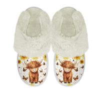 Binienty Sunflower Butterfly Highland Cow Slippers for Women Indoor, Ladies Girls Slip on Fuzzy Slipper with Arch Support Comfy Scuff House Shoe, Size 2.5-3.5