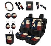 Binienty Texas State Flag Car Interior Accessories Set, 15PCS Universal Car Seat Covers with Front & Rear Seat Covers Steering Wheel Cover Seat Belt Pads Armrest Pad Cup Holder Coasters Auto Decor