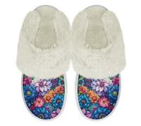 Binienty Trippy Tropical Floral Fuzzy House Shoes Slippers for Women Machine Washable Warm Plush Bedroom Shoes Anti-Skid Base for Hostess Gifts and Dorm Move-Ins, Size 6.5-7.5