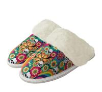 Binienty Tropical Floral Skull Plush Slippers for Women Men Indoor Warm House Shoes Comfy Fluffy Slippers for Daily Wear, Size 9.5-10.5