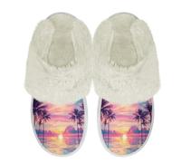 Binienty Tropical Landscape Fuzzy Slippers for Women Men Travel Lightweight Indoor Outdoor Walking Shoes Winter Warm Slippers with Non-slip Sole Gifts for Mom Wife Girlfriend, Size 4.5-5.5