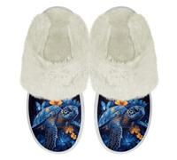 Binienty Tropical Sea Turtle Memory Foam Retro Soft Plush Slippers for Women Indoor, Mens Warm Winter House Slippers Slip-on Cozy Indoor Outdoor Flat Shoes, Size 4.5-5.5